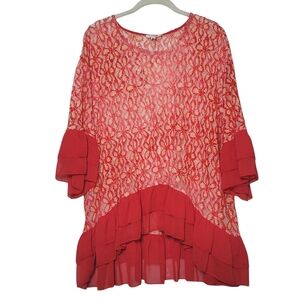 NWT Umgee Semi Sheer Ruffle Trim Tunic Top Sparkly Floral Mesh Anthropologie LG